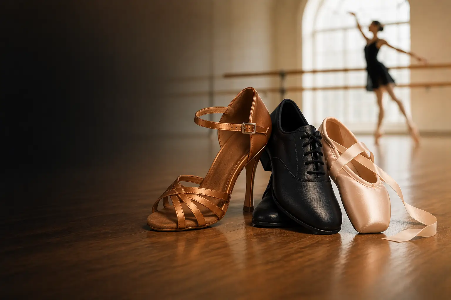 Professional dancer choosing the perfect pair of dance shoes in a studio setting
