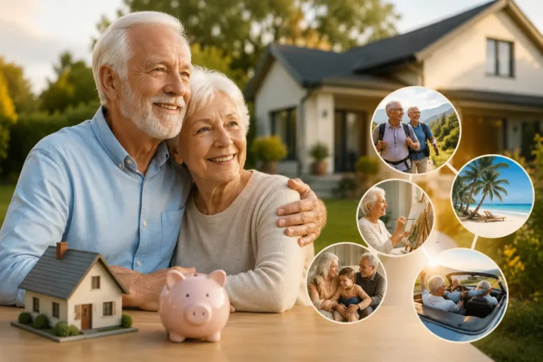 An elderly couple smiling in their garden, representing the benefits of a Reverse Mortgage for Seniors.